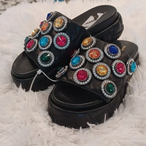 Kurt Geiger Rainbow Rhinestone Gem Crystal Leather Quilted Slip On Sandal New - Picture 8 of 15